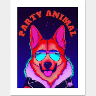 Party Animal Police K9 Dog Synthwave Retro Background Posters and Art